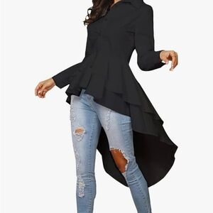 ZANZEA LARGE black High-Low Ruffle Shirt Dress for Women large